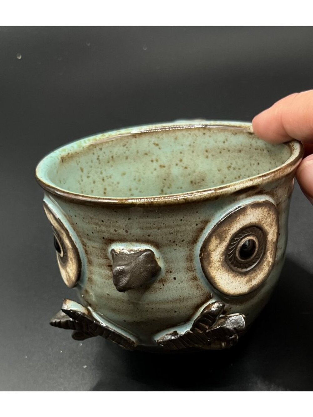 Handcrafted Ceramic Owl Mug Green Brown Speckled Glaze whimsical Owl Unique sign